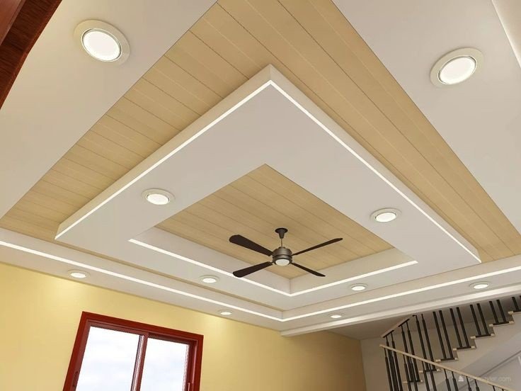 Contoh plafon PVC SURAYA motif kayu dengan drop ceiling dan lampu LED